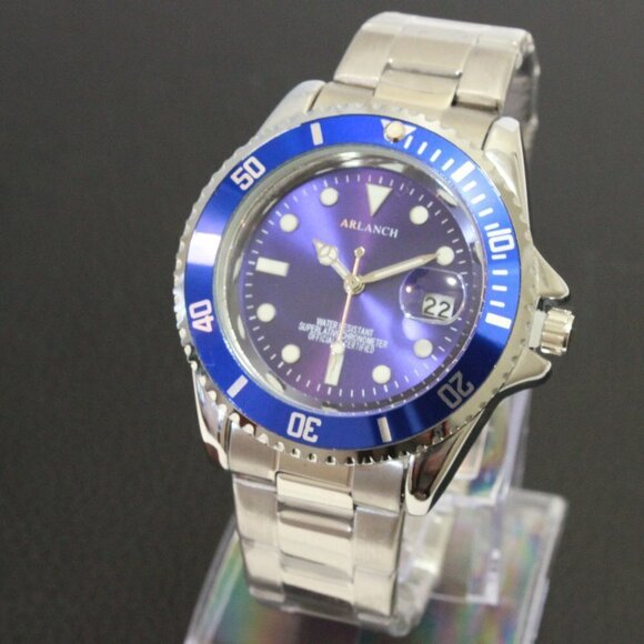 Men's Diver Style Watch Blue Uni-directional Bezel Stainless Bracelet 40mm - Picture 4 of 14